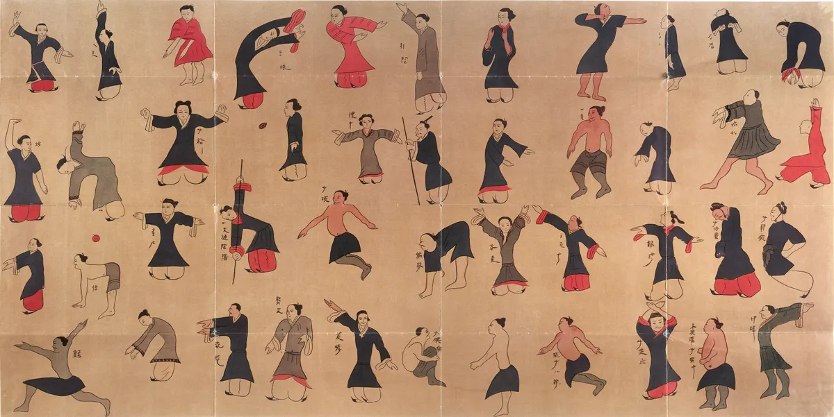 The Mawangdui Daoyin tu: rows of small painted figures on silk, each in a different stretching or breathing posture.