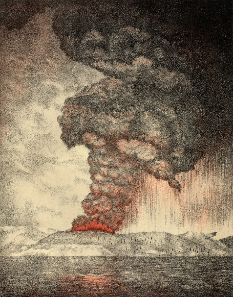 A nineteenth-century lithograph of the 1883 eruption of Krakatoa, a vast ash column above the sea.