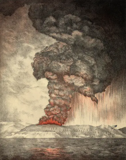 A nineteenth-century lithograph of the 1883 eruption of Krakatoa, a vast ash column above the sea.