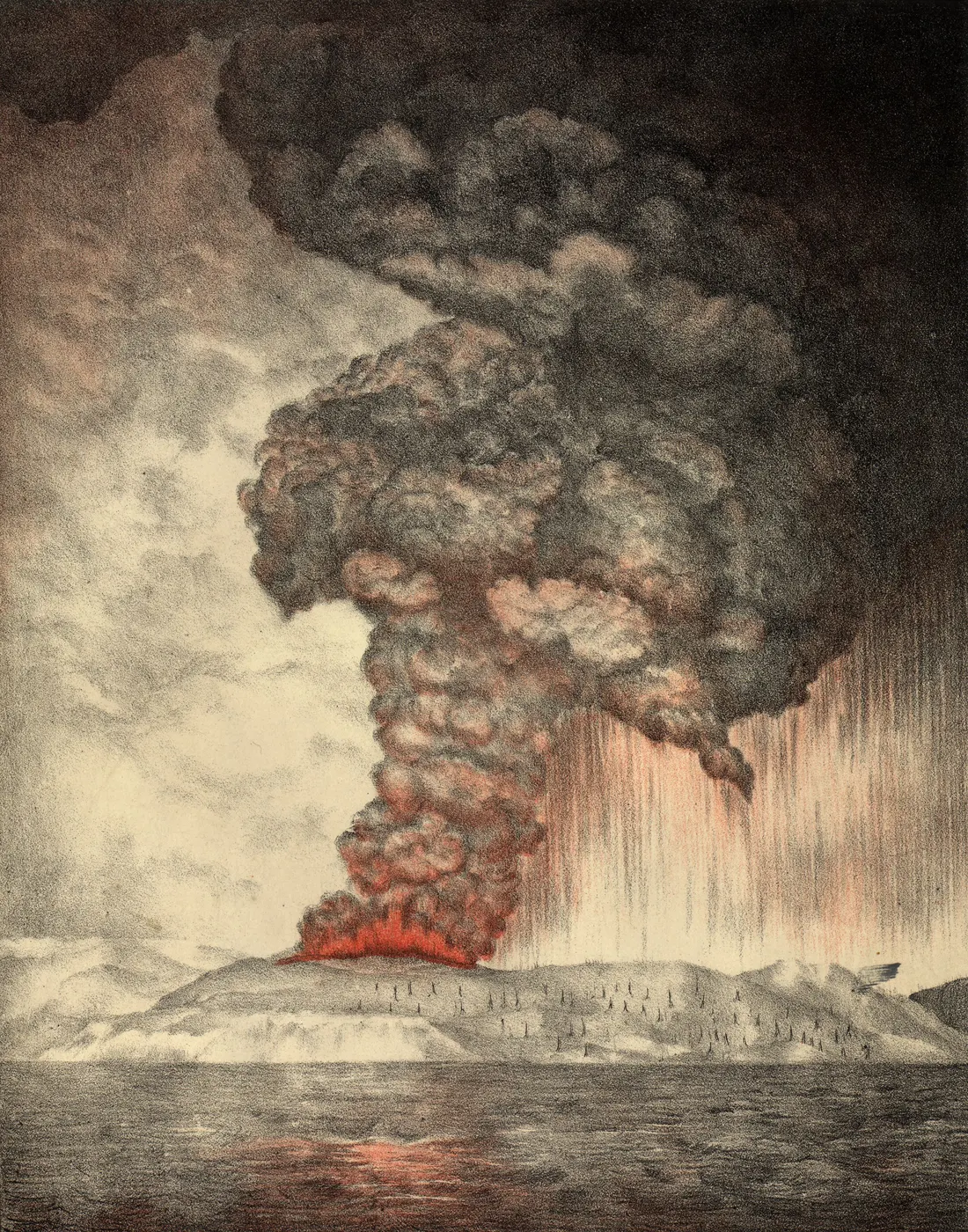 A nineteenth-century lithograph of the 1883 eruption of Krakatoa, a vast ash column above the sea.