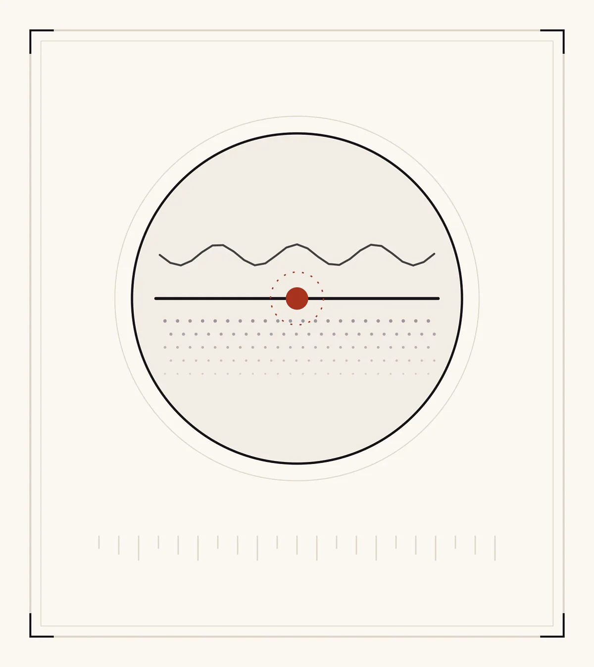 An archive plate: a horizontal line with a fine wave above it and fading stippled dots below, and a red marker sitting exactly on the line.