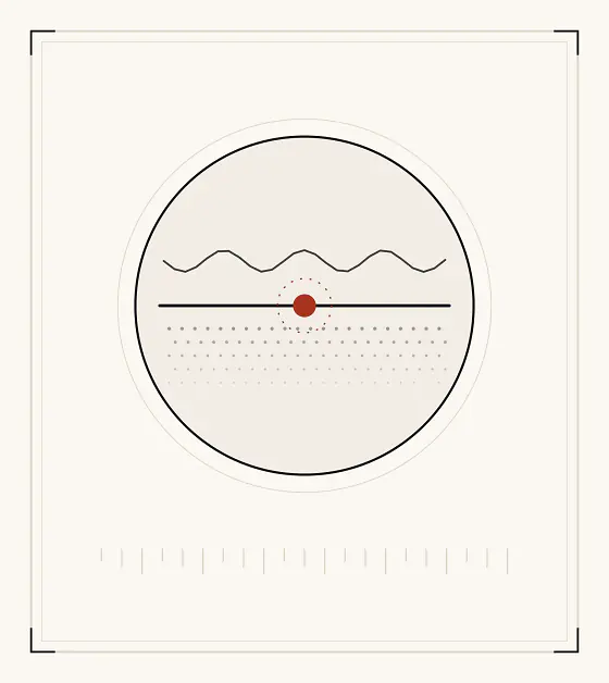 An archive plate: a horizontal line with a fine wave above it and fading stippled dots below, and a red marker sitting exactly on the line.