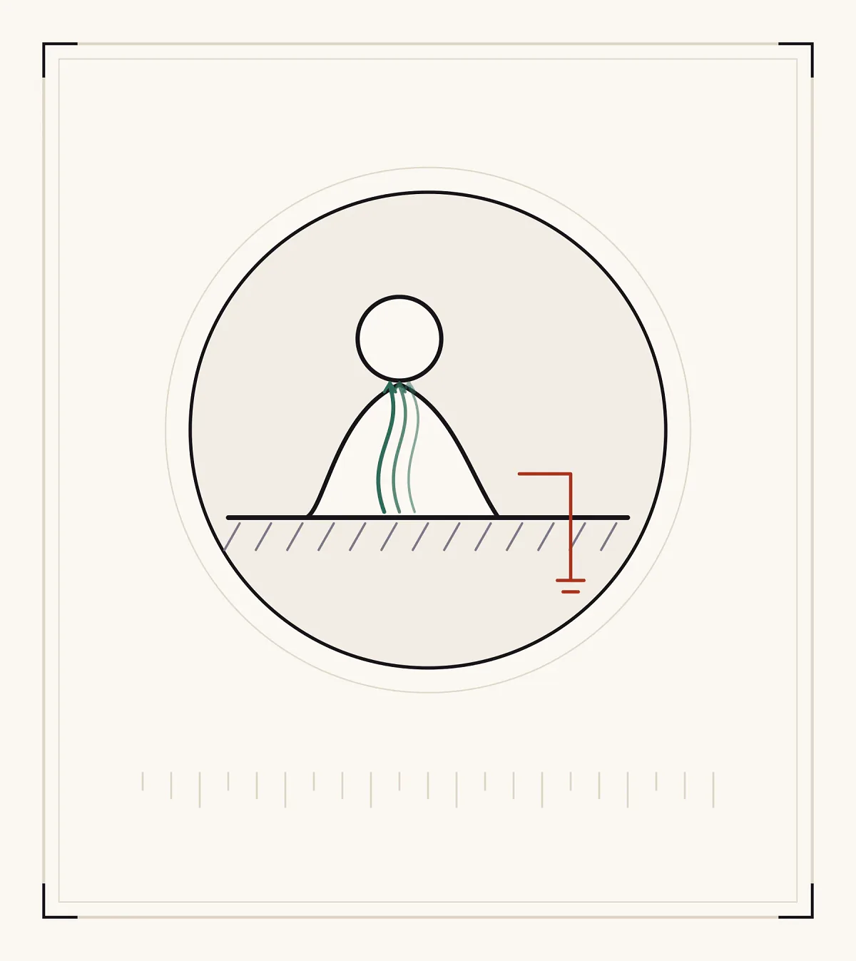 An archive plate: a seated figure on a hatched earth line, with green currents drawn upward into the body and a red wire running down to an earth stake.