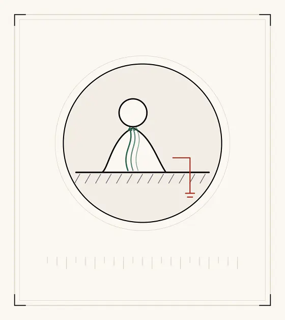 An archive plate: a seated figure on a hatched earth line, with green currents drawn upward into the body and a red wire running down to an earth stake.