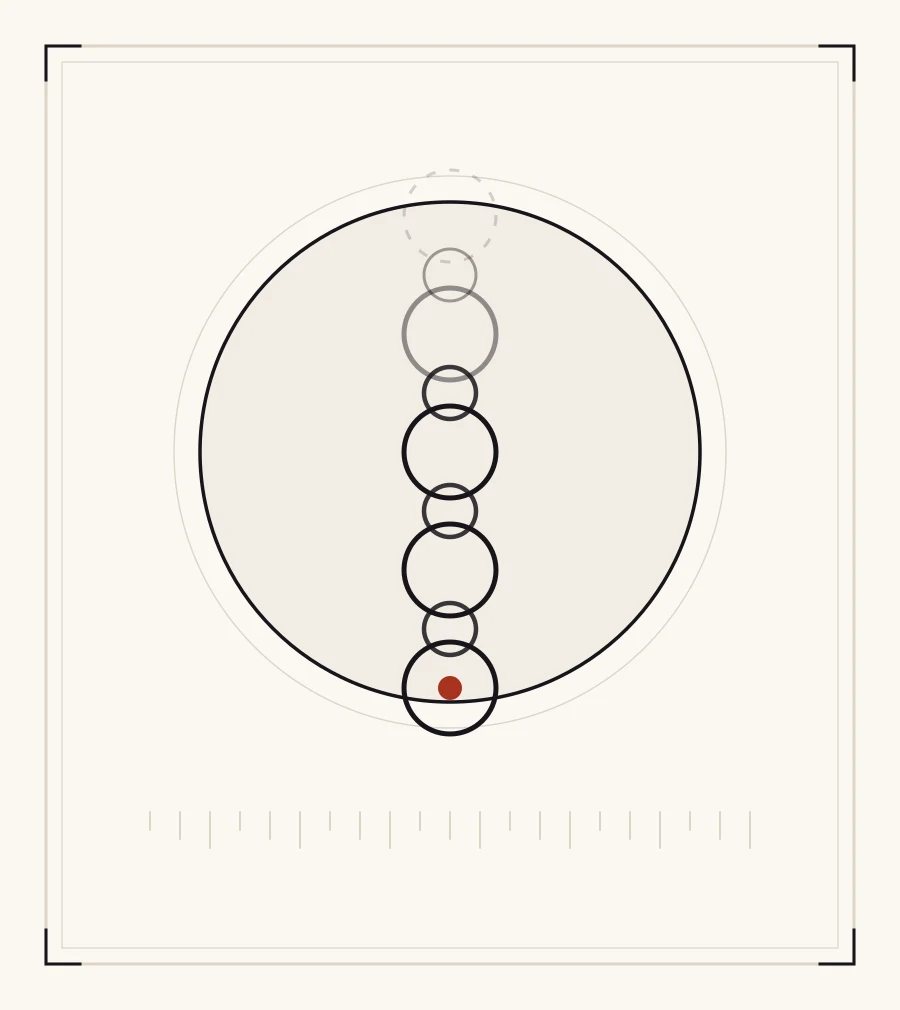An archive plate: a vertical chain of linked rings, solid at the bottom and fading to a broken dashed ring at the top.