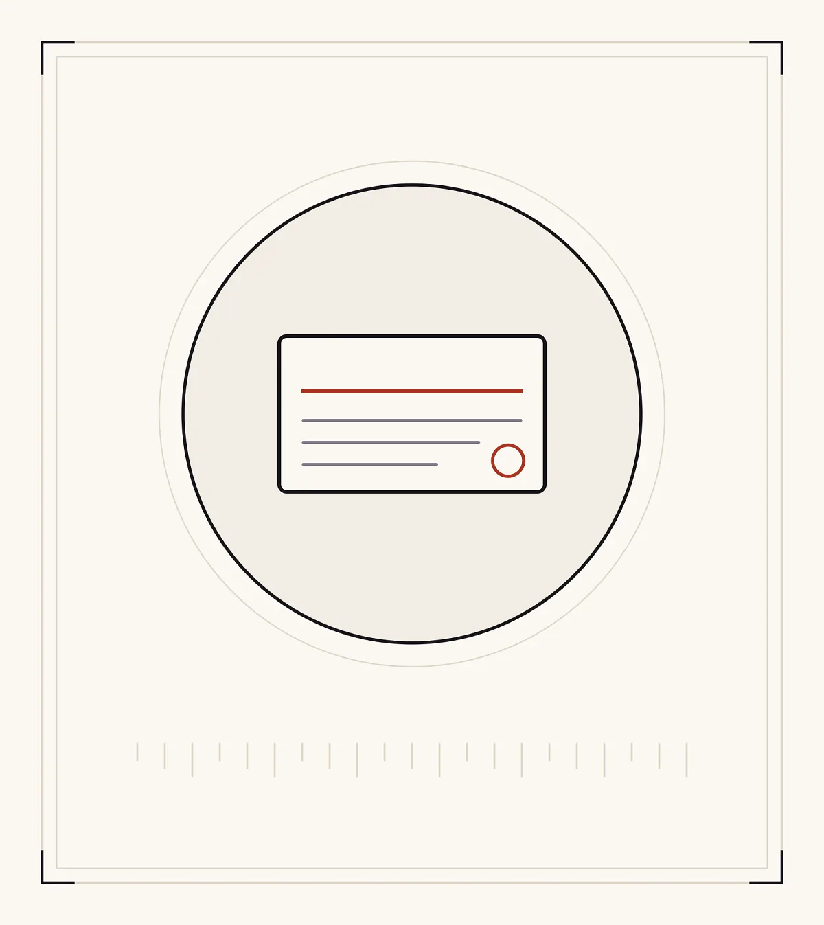 An archive plate: a card with a red rule where a title would be, three lines of text beneath it and a seal in the corner.