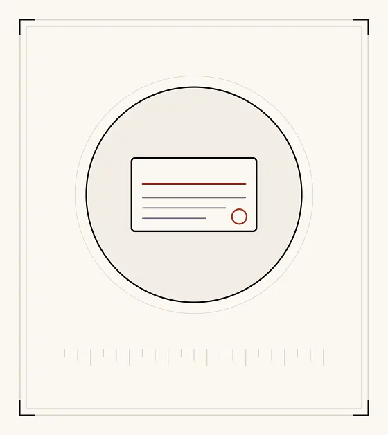 An archive plate: a card with a red rule where a title would be, three lines of text beneath it and a seal in the corner.