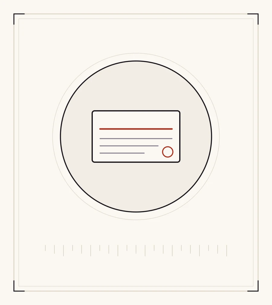 An archive plate: a card with a red rule where a title would be, three lines of text beneath it and a seal in the corner.