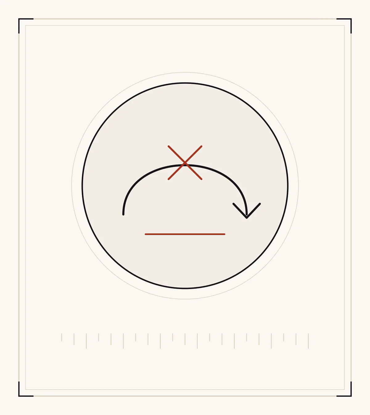 An archive plate: an arc that rises and turns back on itself, ending in a downward arrowhead above a solid line, with a red cross above.