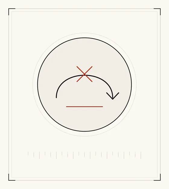 An archive plate: an arc that rises and turns back on itself, ending in a downward arrowhead above a solid line, with a red cross above.