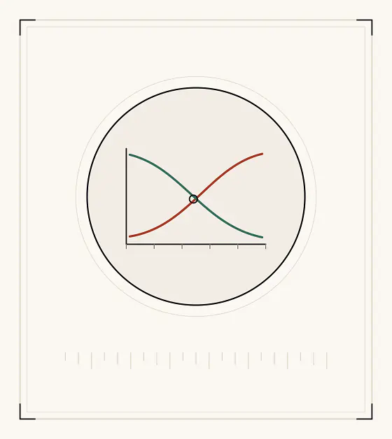 An archive plate: a pair of axes with two curves crossing near the middle, one rising in red and one falling in green.