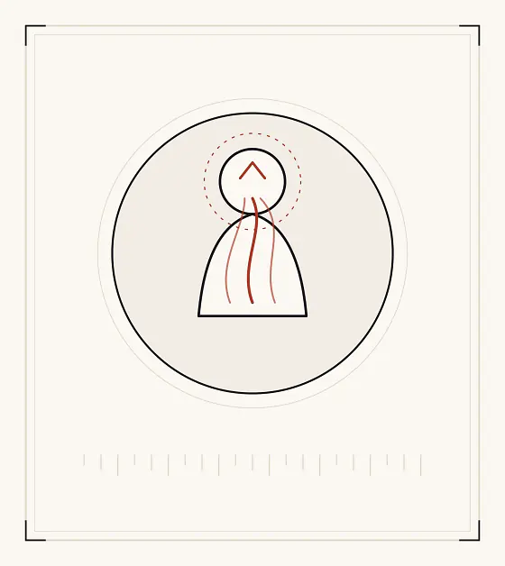 An archive plate: a simplified seated figure with three red currents rising from the abdomen into the head and an arrow escaping the crown.