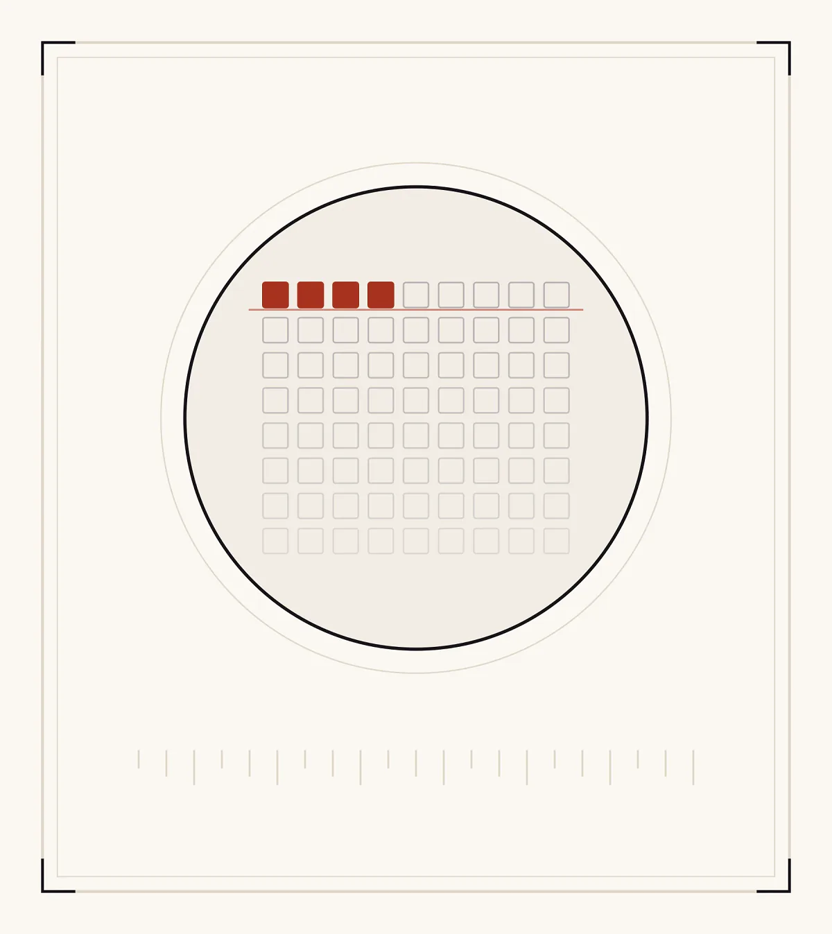 An archive plate: a grid of seventy-two small squares, the first four filled solid red and the rest outlined and fading toward the bottom.