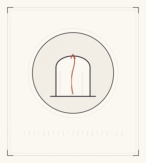 An archive plate: a gateway with a red line rising through the arch and out of it.