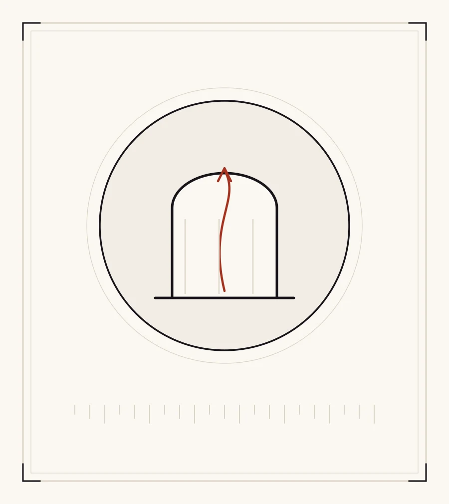 An archive plate: a gateway with a red line rising through the arch and out of it.