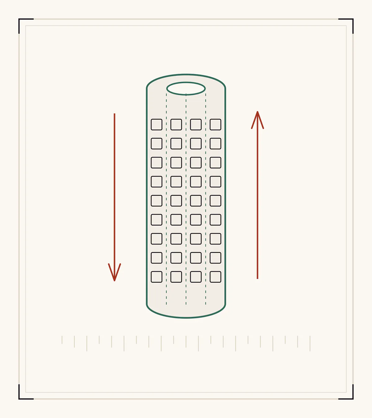 A diagram of the Xingqi jade: a twelve-sided bored cylinder with rows of inscribed characters, arrows showing the text descending one side and rising the other.