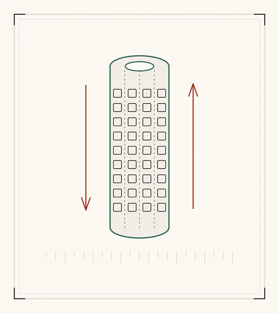 A diagram of the Xingqi jade: a twelve-sided bored cylinder with rows of inscribed characters, arrows showing the text descending one side and rising the other.