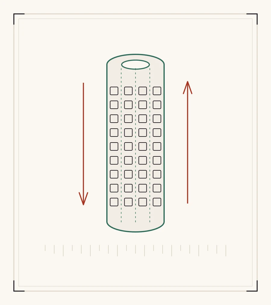 A diagram of the Xingqi jade: a twelve-sided bored cylinder with rows of inscribed characters, arrows showing the text descending one side and rising the other.