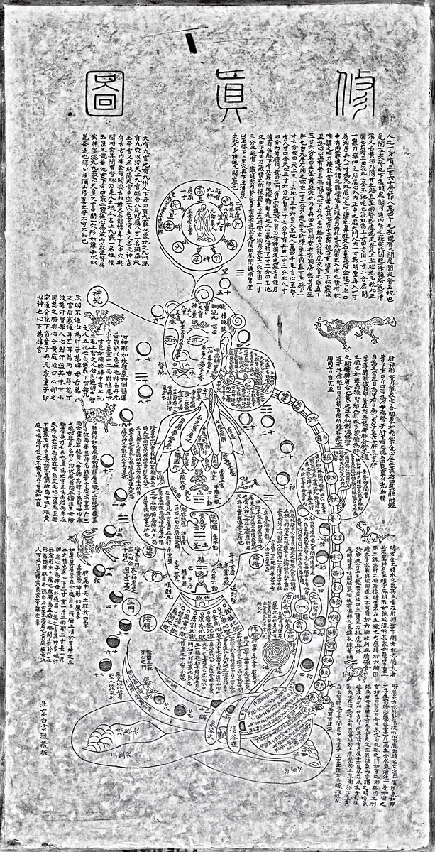 The Xiuzhen tu: a tall diagram of a seated human body seen in cross-section, packed with symbolic organs, cauldrons and channels.