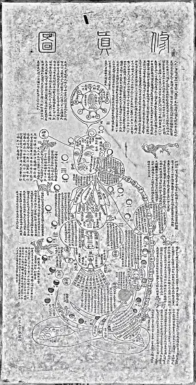 The Xiuzhen tu: a tall diagram of a seated human body seen in cross-section, packed with symbolic organs, cauldrons and channels.
