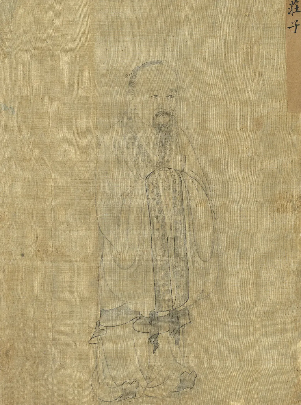 Traditional painted portrait of Zhuangzi, seated in scholar's robes.
